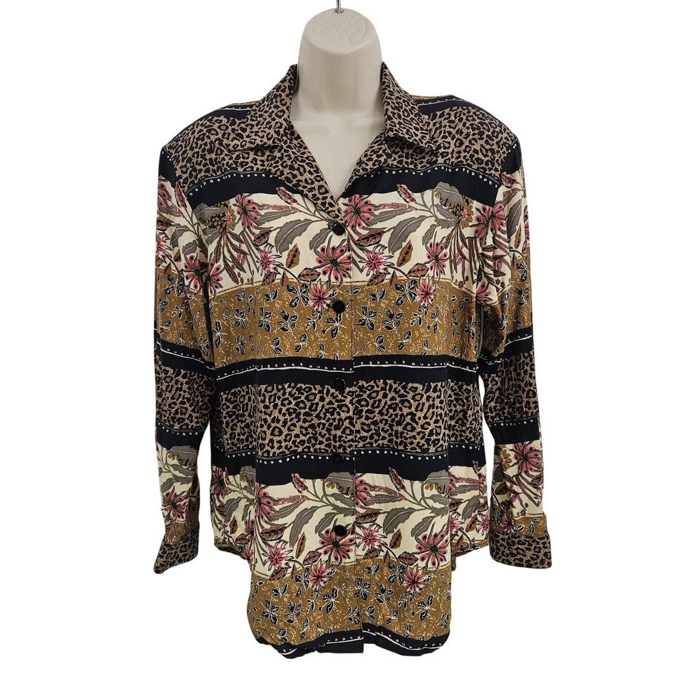 VTG Ali Miles Shirt Women M Brown Floral Leopard Button Boho Top USA Trendy Work
